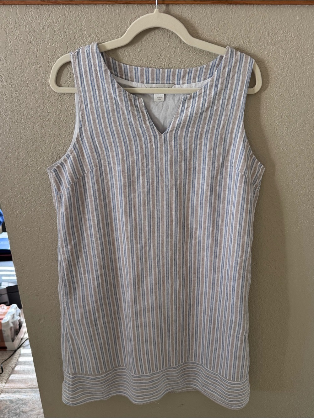 Christopher & Banks Linen Dress L Blue Tan Stripe Coastal Sleeveless Shift